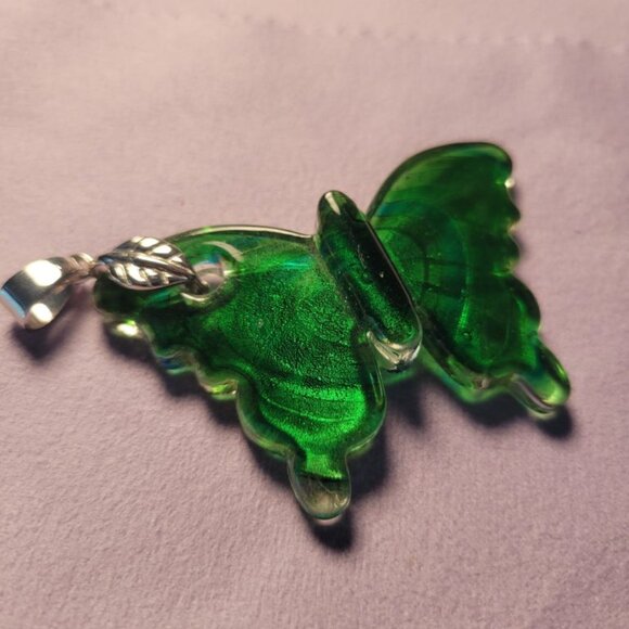 Vintage Murano Style Sand Glitter Glass Butterfly Pendant Leather Necklace - Picture 4 of 11